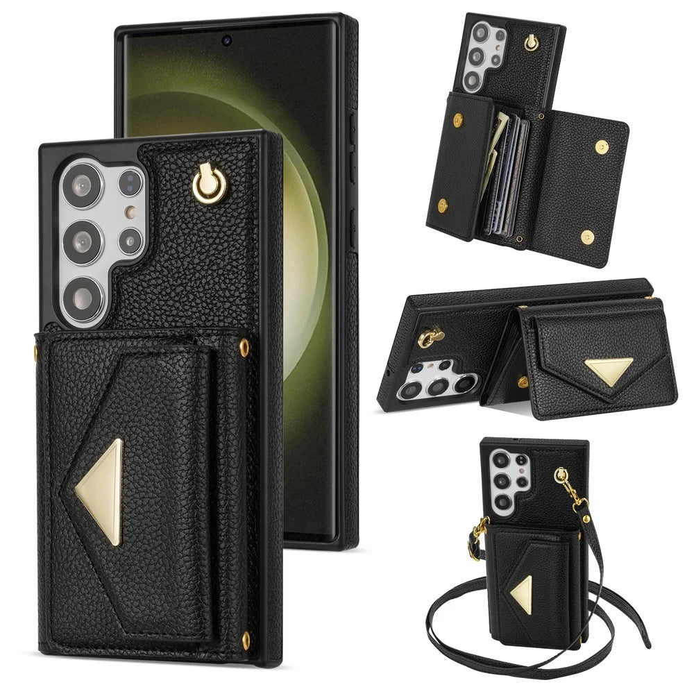 For Samsung Galaxy S24 Ultra Case Organ Card Bag Leather+TPU Cover with Shoulder Strap - Black - 1