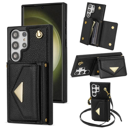 For Samsung Galaxy S24 Ultra Case Organ Card Bag Leather+TPU Cover with Shoulder Strap - Black - 1