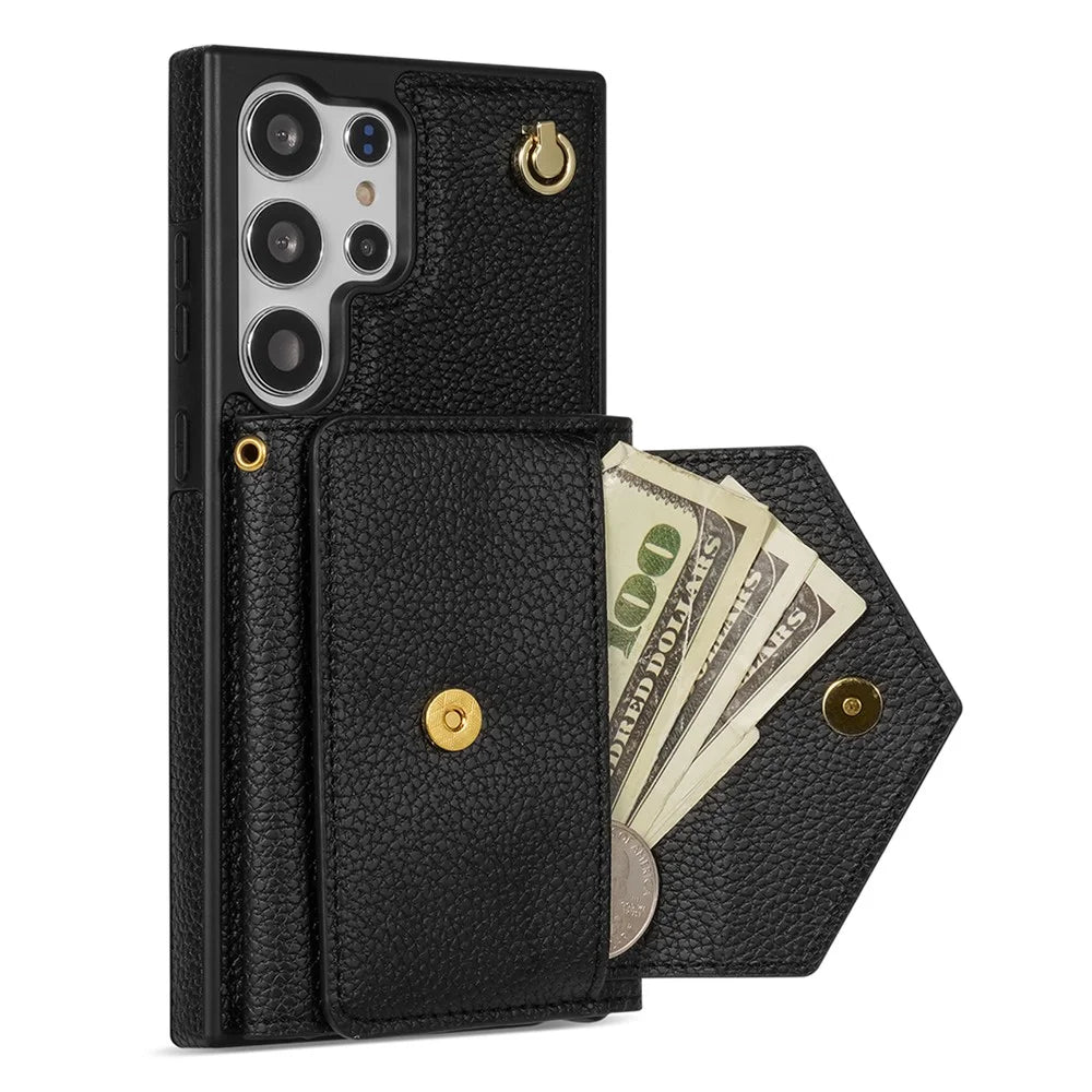 For Samsung Galaxy S24 Ultra Case Organ Card Bag Leather+TPU Cover with Shoulder Strap - Black - 2