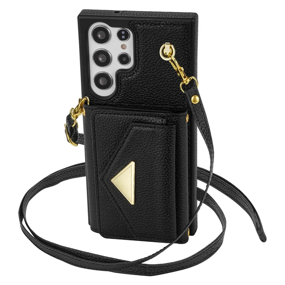 For Samsung Galaxy S24 Ultra Case Organ Card Bag Leather+TPU Cover with Shoulder Strap - Black - 5