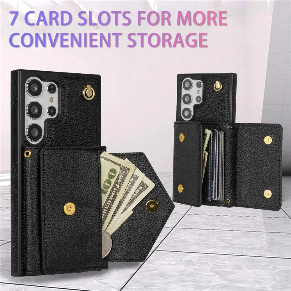 For Samsung Galaxy S24 Ultra Case Organ Card Bag Leather+TPU Cover with Shoulder Strap - Black - 6