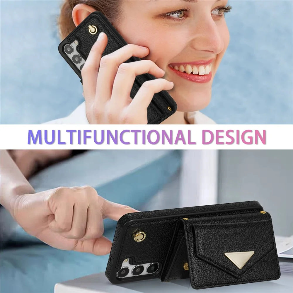 For Samsung Galaxy S24+ Cell Phone Case Card Bag Anti-drop Leather+TPU Cover with Shoulder Strap - Black - 7