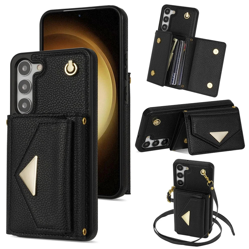For Samsung Galaxy S24 Cell Phone Case Card Holder Leather+TPU Back Cover with Long Strap - Black - 1