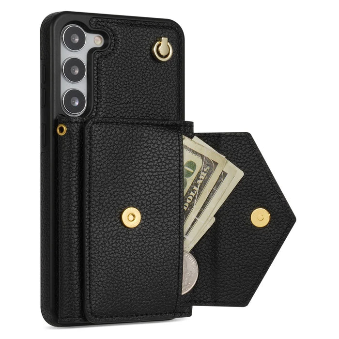 For Samsung Galaxy S24 Cell Phone Case Card Holder Leather+TPU Back Cover with Long Strap - Black - 2