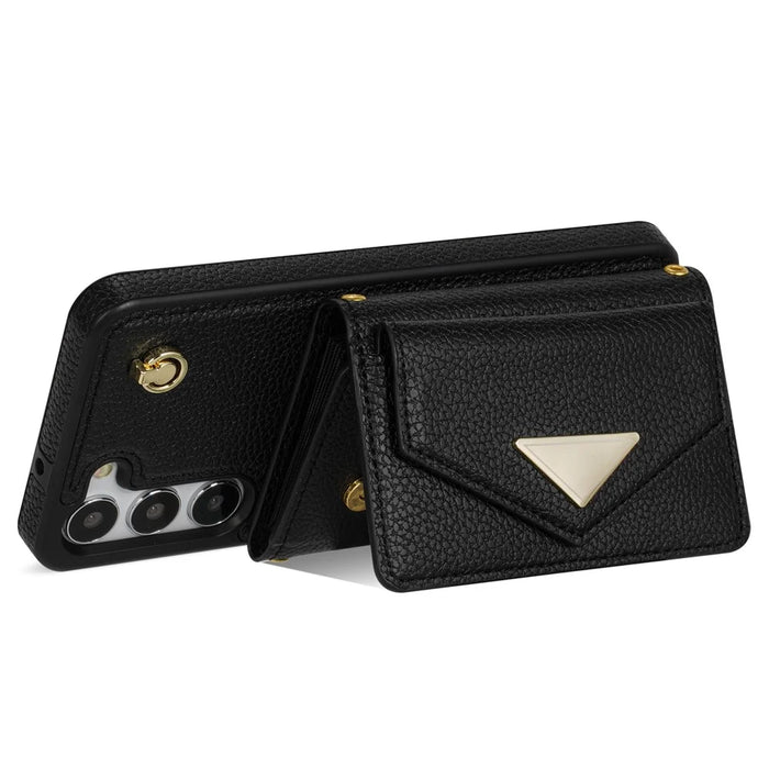 For Samsung Galaxy S24 Cell Phone Case Card Holder Leather+TPU Back Cover with Long Strap - Black - 3