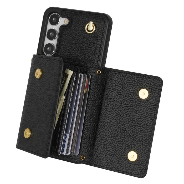 For Samsung Galaxy S24 Cell Phone Case Card Holder Leather+TPU Back Cover with Long Strap - Black - 4