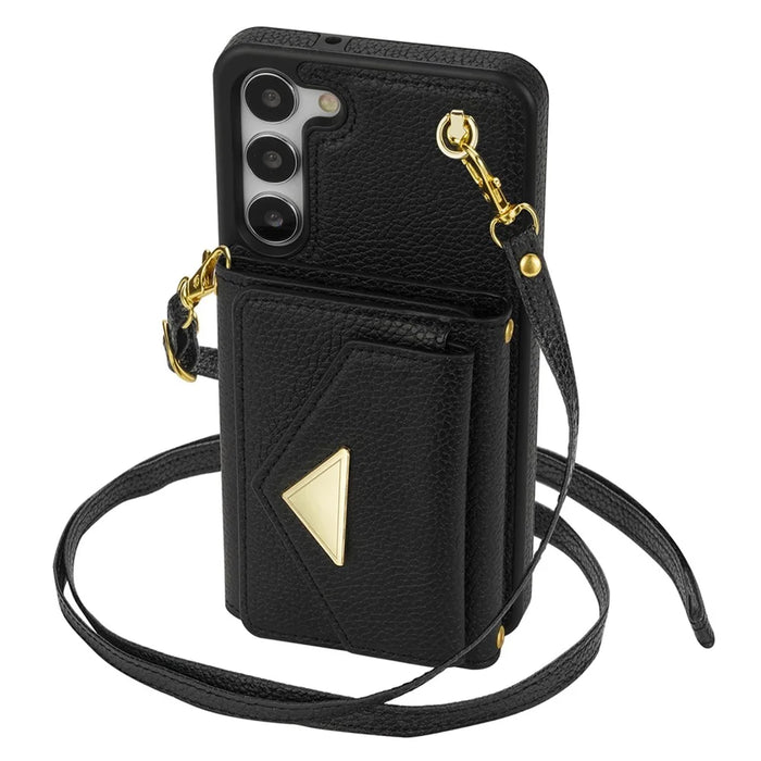 For Samsung Galaxy S24 Cell Phone Case Card Holder Leather+TPU Back Cover with Long Strap - Black - 5