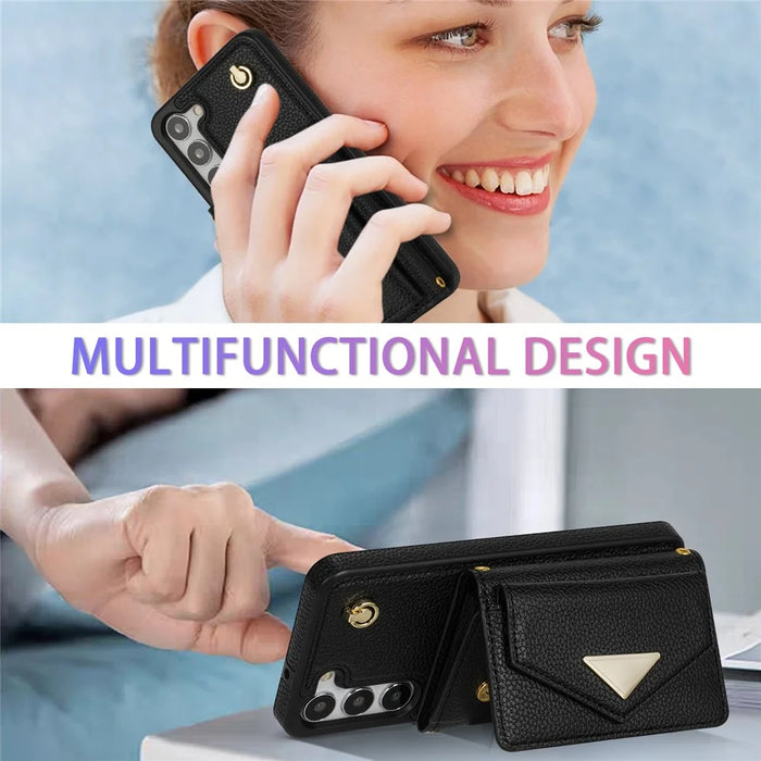 For Samsung Galaxy S24 Cell Phone Case Card Holder Leather+TPU Back Cover with Long Strap - Black - 7