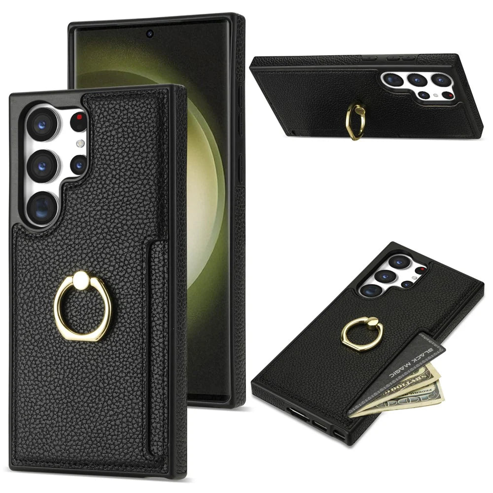 For Samsung Galaxy S24 Ultra Cell Phone Case PU Leather + TPU Ring Kickstand Cover - Black - 1