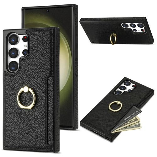 For Samsung Galaxy S24 Ultra Cell Phone Case PU Leather + TPU Ring Kickstand Cover - Black - 1