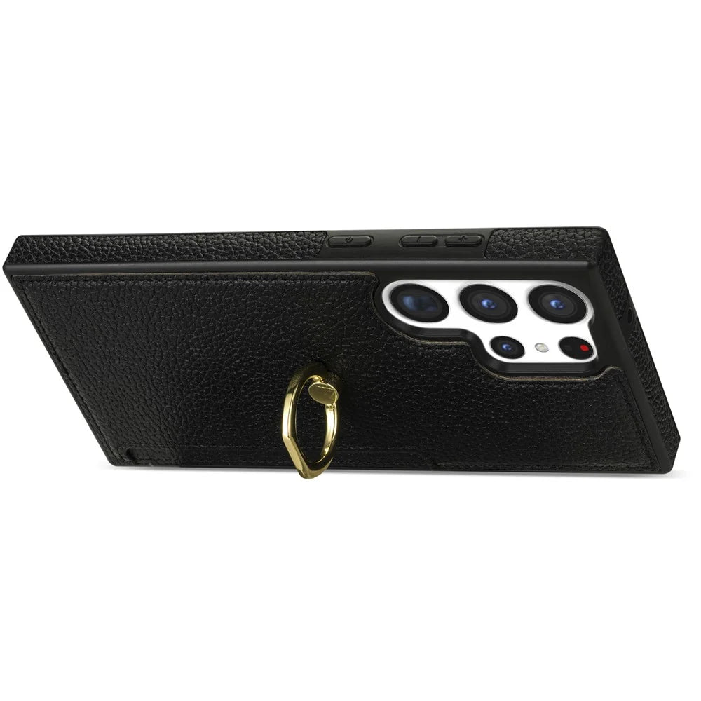 For Samsung Galaxy S24 Ultra Cell Phone Case PU Leather + TPU Ring Kickstand Cover - Black - 2