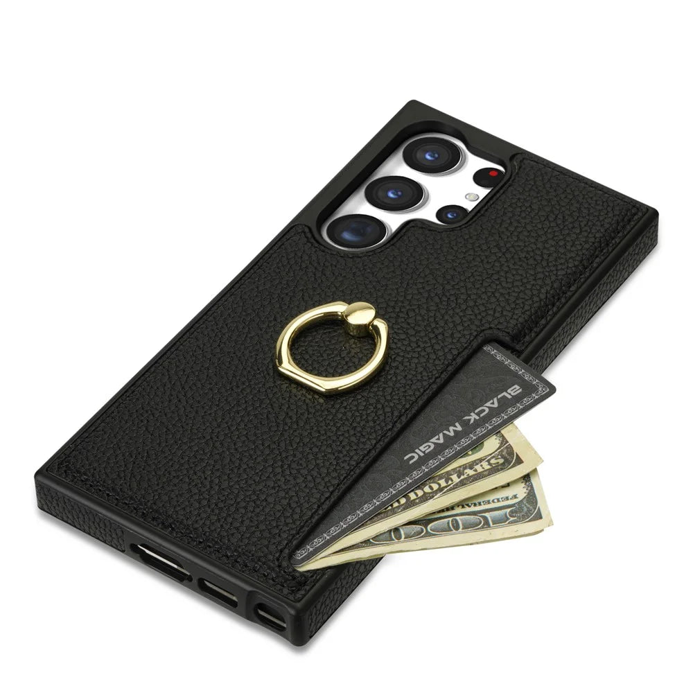 For Samsung Galaxy S24 Ultra Cell Phone Case PU Leather + TPU Ring Kickstand Cover - Black - 3