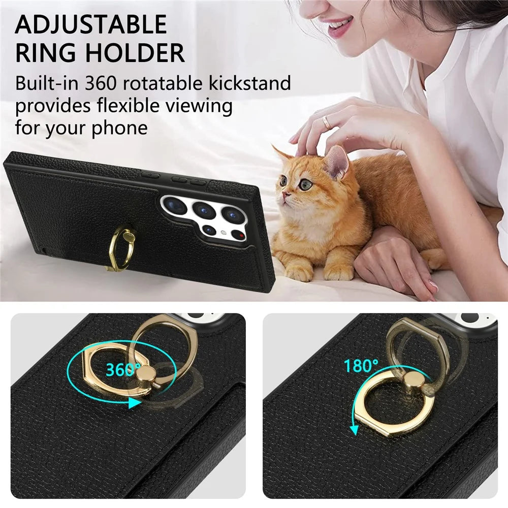 For Samsung Galaxy S24 Ultra Cell Phone Case PU Leather + TPU Ring Kickstand Cover - Black - 4