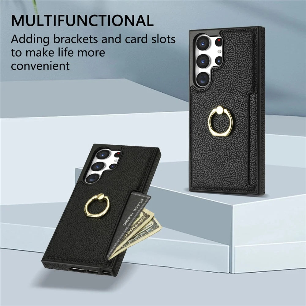 For Samsung Galaxy S24 Ultra Cell Phone Case PU Leather + TPU Ring Kickstand Cover - Black - 5