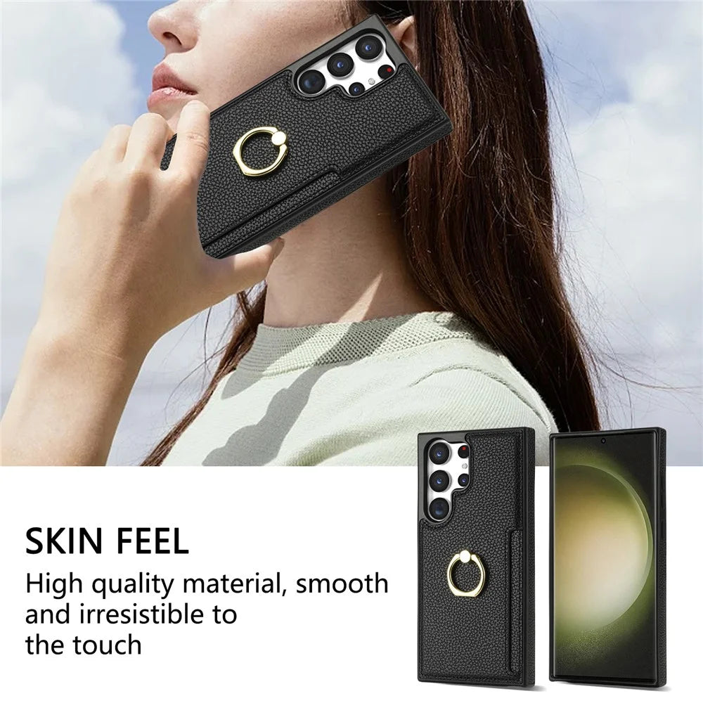 For Samsung Galaxy S24 Ultra Cell Phone Case PU Leather + TPU Ring Kickstand Cover - Black - 6