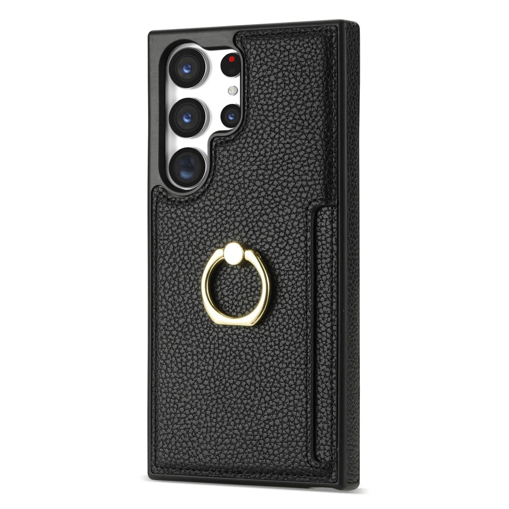 For Samsung Galaxy S24 Ultra Cell Phone Case PU Leather + TPU Ring Kickstand Cover - Black - 7