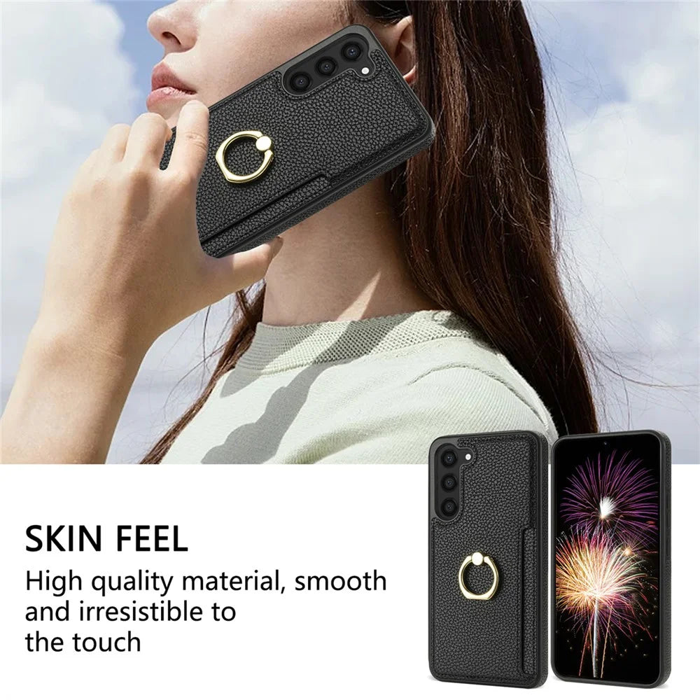 For Samsung Galaxy S24 Cell Phone Case PU Leather + TPU Card Holder Cover with Kickstand - Black - 5