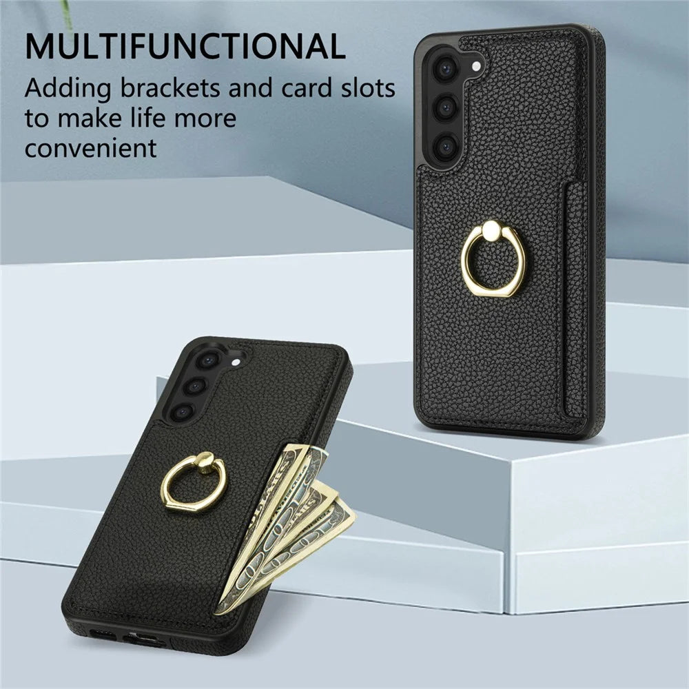 For Samsung Galaxy S24 Cell Phone Case PU Leather + TPU Card Holder Cover with Kickstand - Black - 6