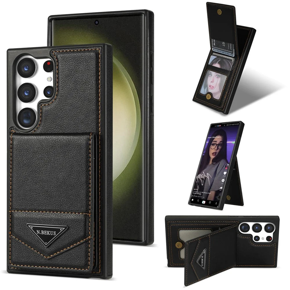 N.BEKUS For Samsung Galaxy S24 Ultra Case Leather+TPU  Vertical Flip Card Holder Cover - Black - 1