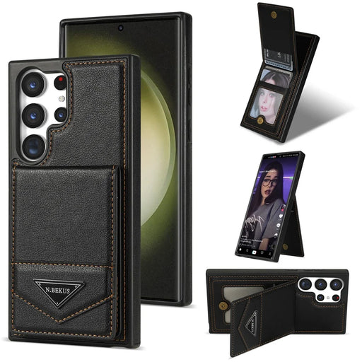 N.BEKUS For Samsung Galaxy S24 Ultra Case Leather+TPU  Vertical Flip Card Holder Cover - Black - 1