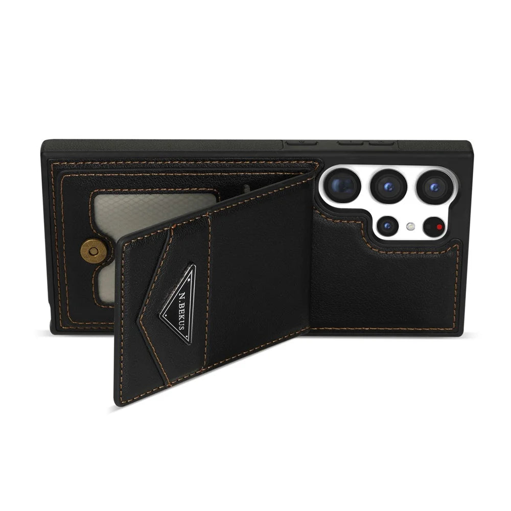 N.BEKUS For Samsung Galaxy S24 Ultra Case Leather+TPU  Vertical Flip Card Holder Cover - Black - 4