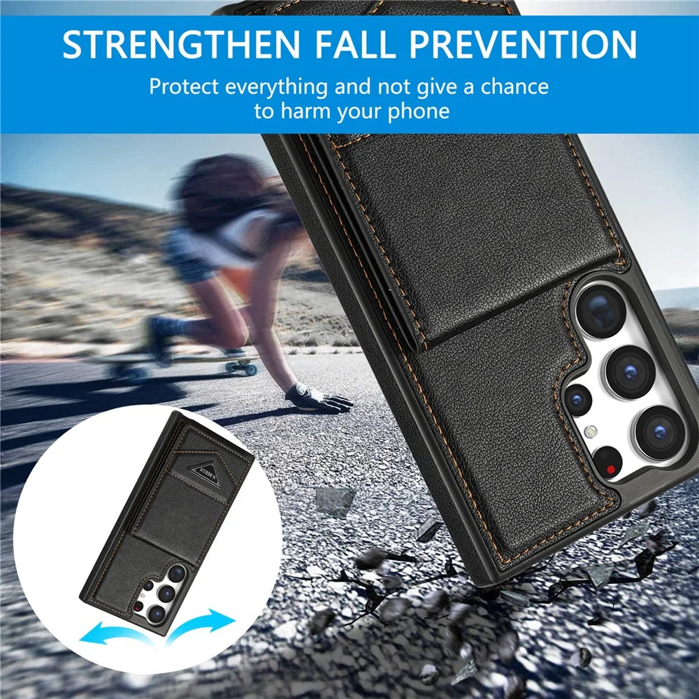 N.BEKUS For Samsung Galaxy S24 Ultra Case Leather+TPU  Vertical Flip Card Holder Cover - Black - 6