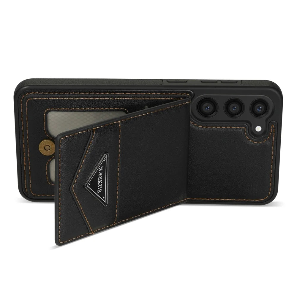 N.BEKUS For Samsung Galaxy S24+ Cell Phone Case Vertical Flip Card Holder Leather+TPU Cover - Black - 4