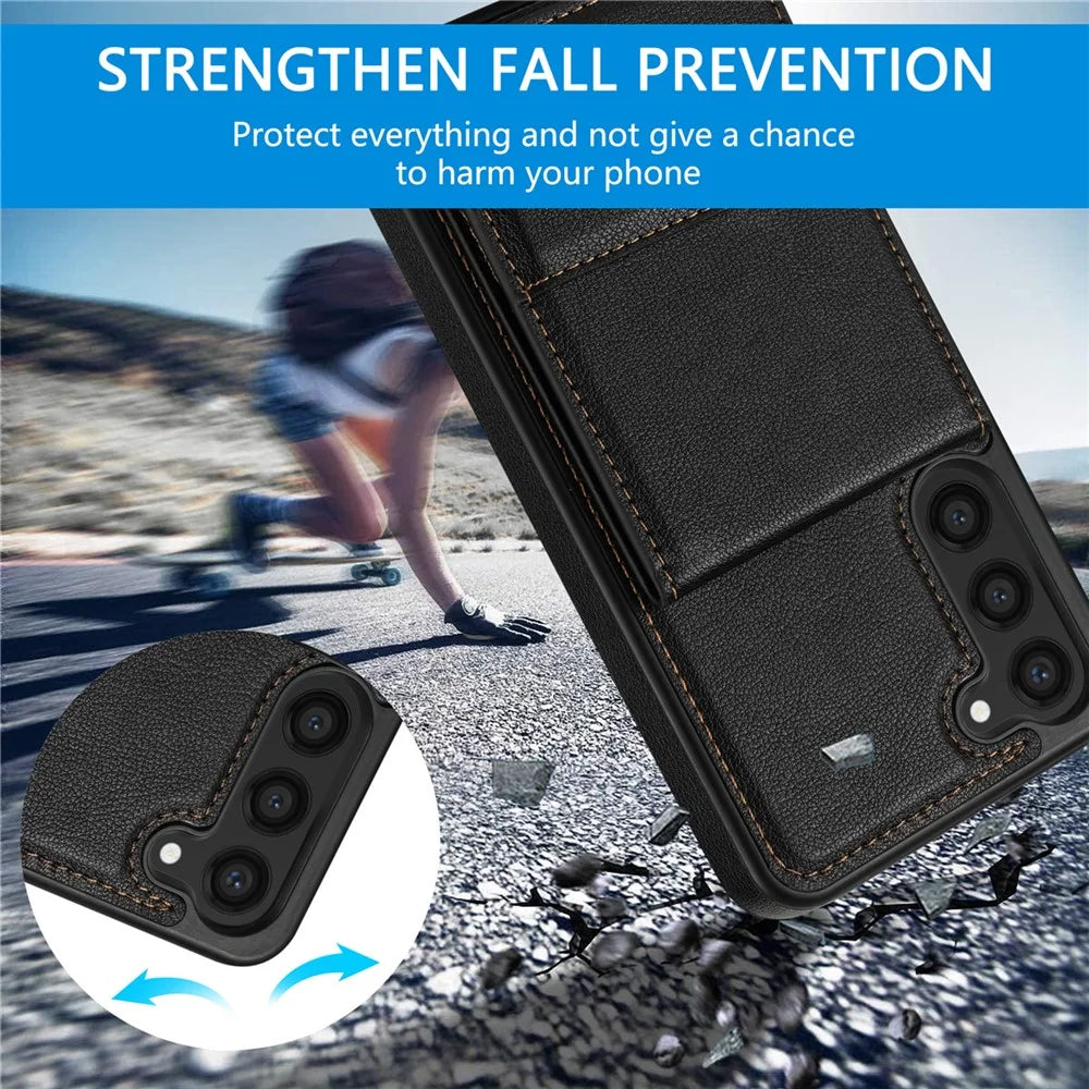 N.BEKUS For Samsung Galaxy S24+ Cell Phone Case Vertical Flip Card Holder Leather+TPU Cover - Black - 6