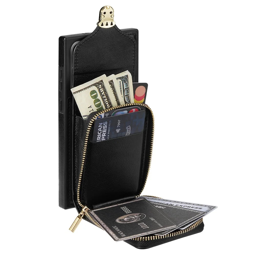 For Samsung Galaxy S24 Ultra Cell Phone Case Card Holder PU Leather + TPU Kickstand Cover - Black - 2