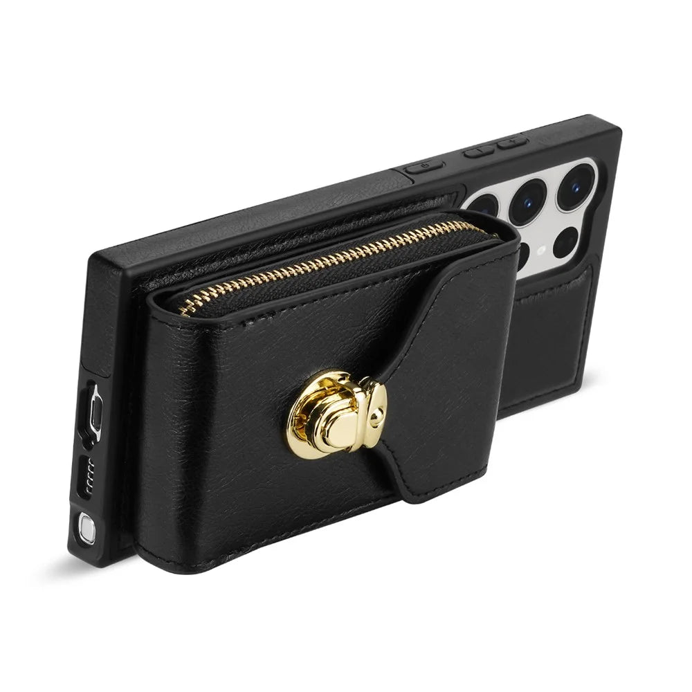 For Samsung Galaxy S24 Ultra Cell Phone Case Card Holder PU Leather + TPU Kickstand Cover - Black - 4