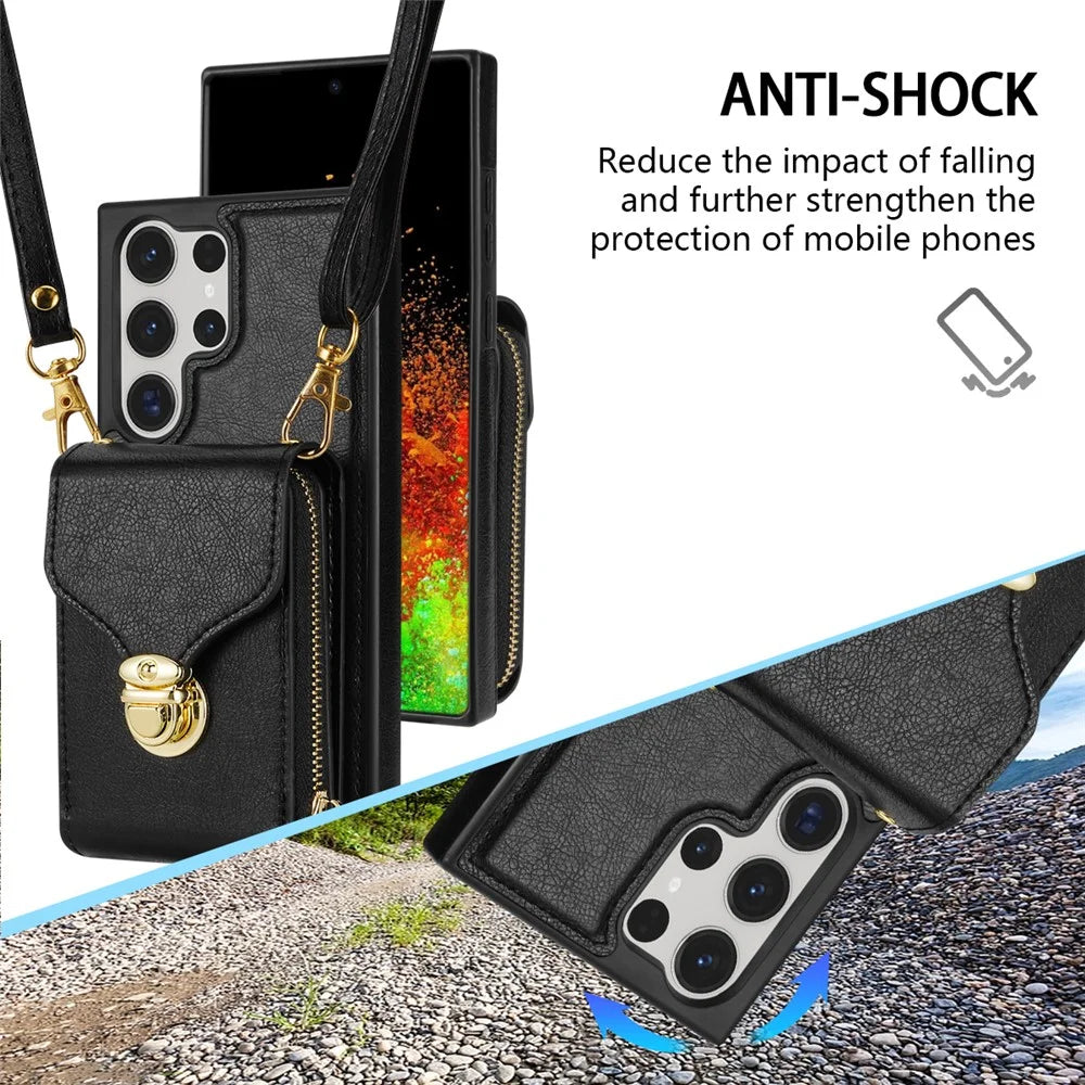 For Samsung Galaxy S24 Ultra Cell Phone Case Card Holder PU Leather + TPU Kickstand Cover - Black - 6