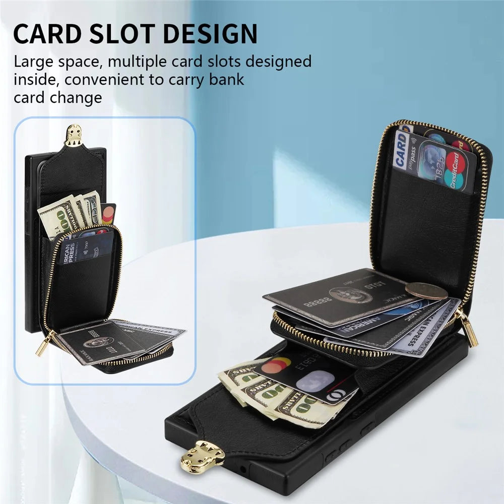 For Samsung Galaxy S24 Ultra Cell Phone Case Card Holder PU Leather + TPU Kickstand Cover - Black - 7
