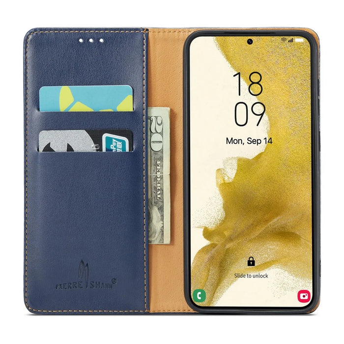 FIERRE SHANN For Samsung Galaxy S24 Case PU Leather Wallet Phone Guard Cover - Blue - 2
