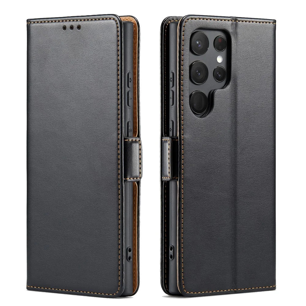 FIERRE SHANN For Samsung Galaxy S24 Ultra Case Anti-fall Leather Stand Wallet Protective Cover - Black - 1