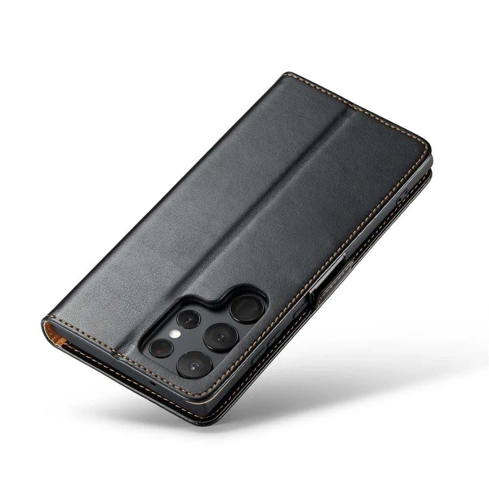 FIERRE SHANN For Samsung Galaxy S24 Ultra Case Anti-fall Leather Stand Wallet Protective Cover - Black - 5