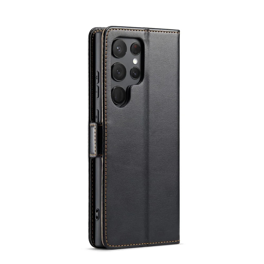 FIERRE SHANN For Samsung Galaxy S24 Ultra Case Anti-fall Leather Stand Wallet Protective Cover - Black - 7