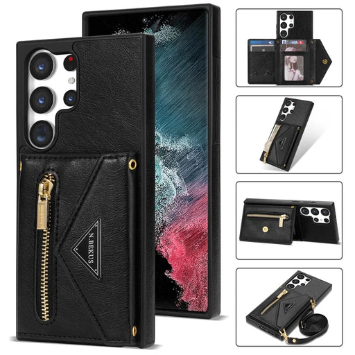 N.BEKUS For Samsung Galaxy S24 Ultra Phone Case Zipper Card Holder Cover with Shoulder Strap - Black - 1
