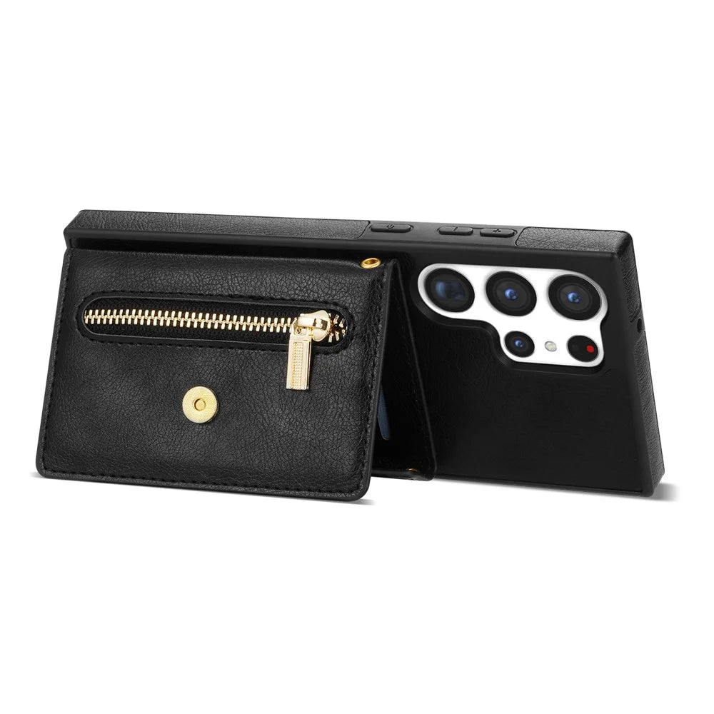 N.BEKUS For Samsung Galaxy S24 Ultra Phone Case Zipper Card Holder Cover with Shoulder Strap - Black - 3