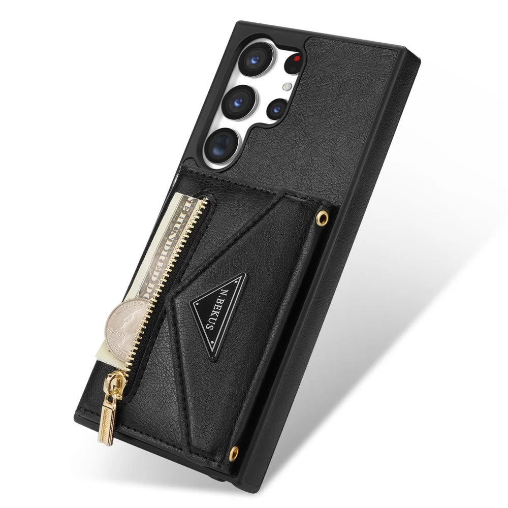 N.BEKUS For Samsung Galaxy S24 Ultra Phone Case Zipper Card Holder Cover with Shoulder Strap - Black - 5