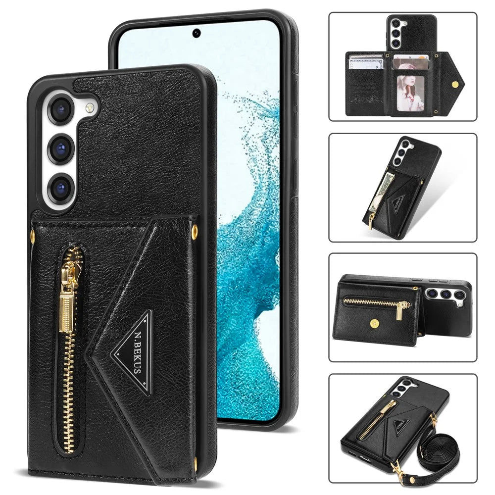 N.BEKUS For Samsung Galaxy S24 Zipper Phone Case Wallet Kickstand Cover with Shoulder Strap - Black - 1