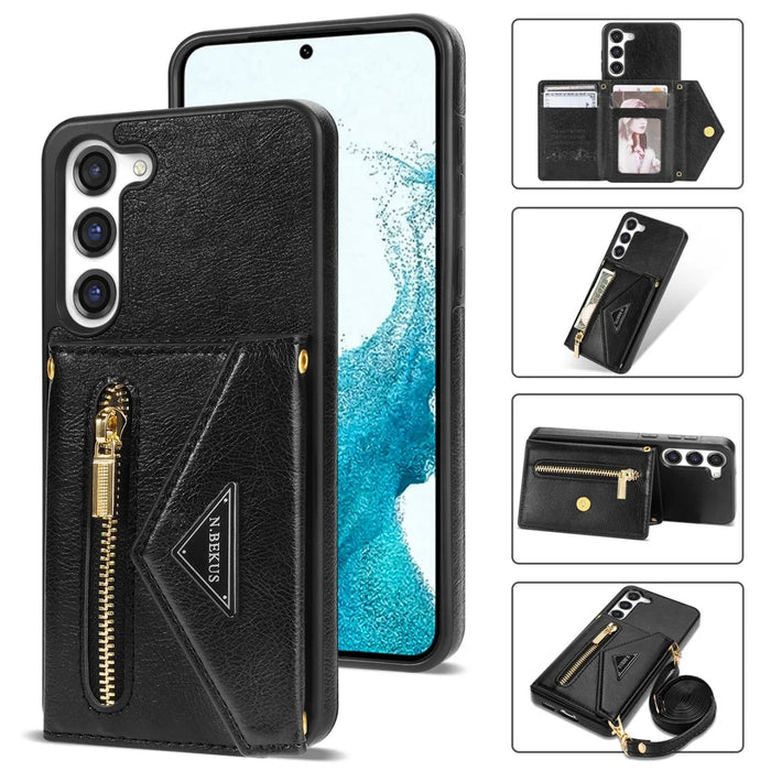 N.BEKUS For Samsung Galaxy S24 Zipper Phone Case Wallet Kickstand Cover with Shoulder Strap - Black - 1