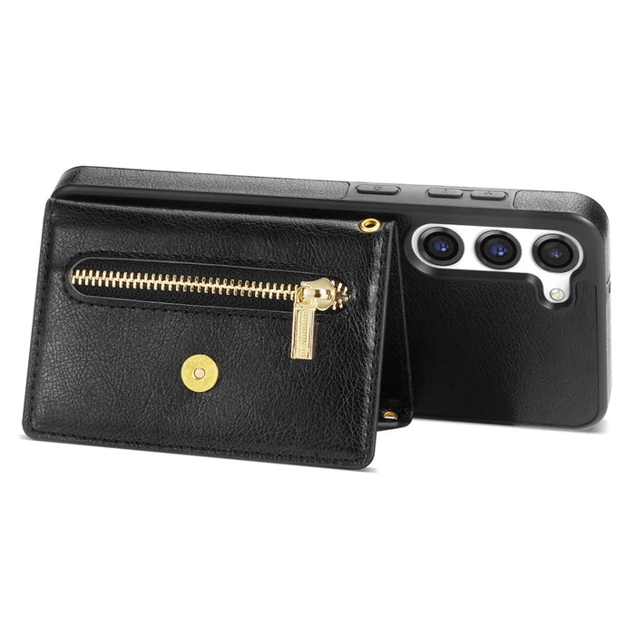 N.BEKUS For Samsung Galaxy S24 Zipper Phone Case Wallet Kickstand Cover with Shoulder Strap - Black - 3