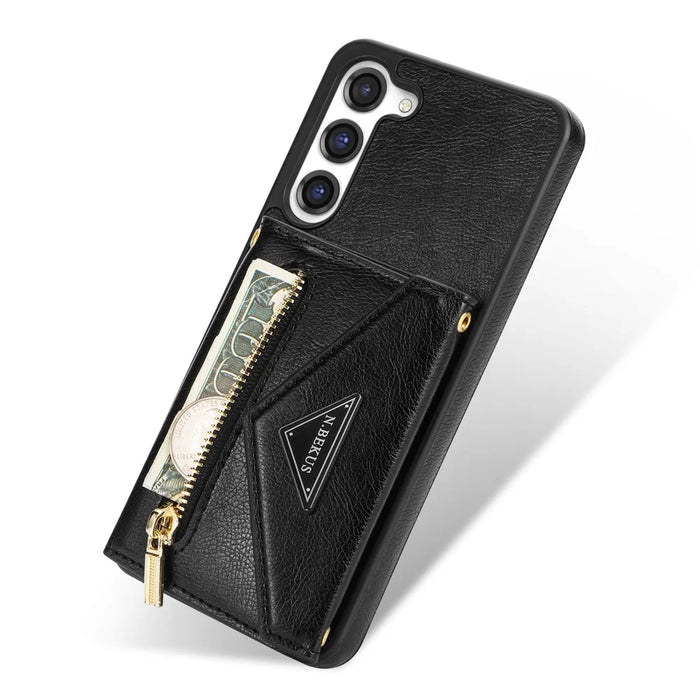 N.BEKUS For Samsung Galaxy S24 Zipper Phone Case Wallet Kickstand Cover with Shoulder Strap - Black - 5