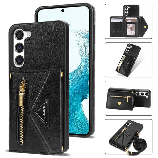 N.BEKUS For Samsung Galaxy S24+ Leather Zipper Case Card Holder Phone Cover with Shoulder Strap - Black - 1