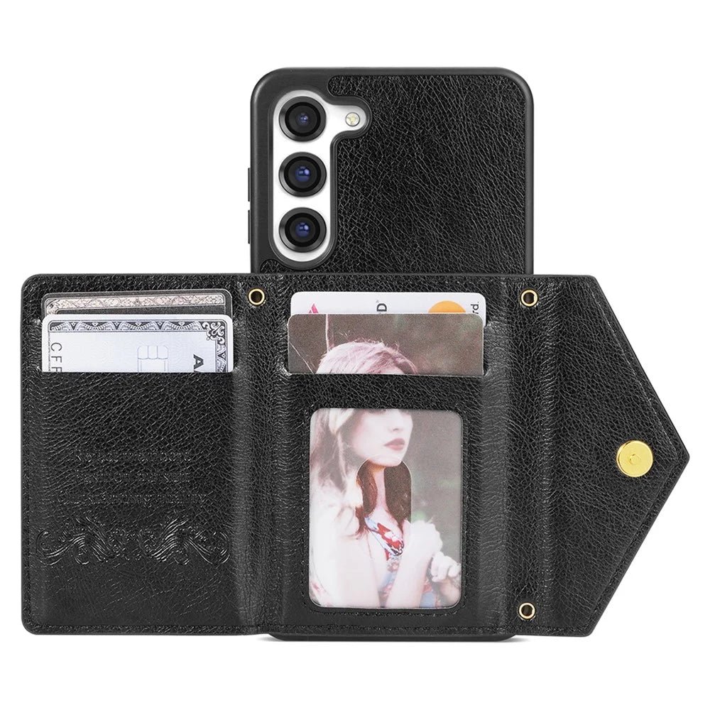 N.BEKUS For Samsung Galaxy S24+ Leather Zipper Case Card Holder Phone Cover with Shoulder Strap - Black - 2