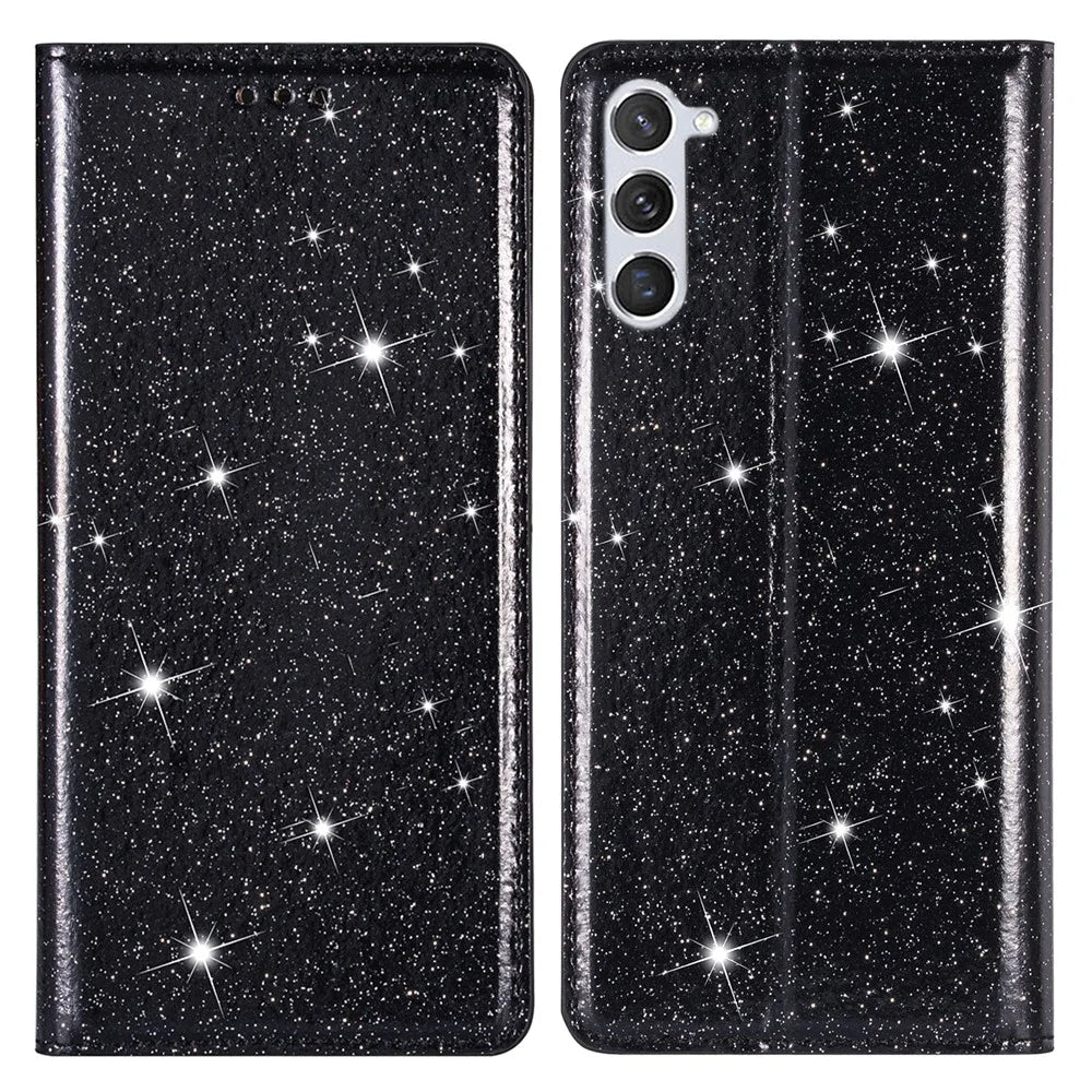 For Samsung Galaxy S24+ Case Card Holder Glittery Leather Stand Cover - Black - 1