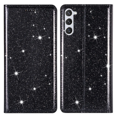 For Samsung Galaxy S24+ Case Card Holder Glittery Leather Stand Cover - Black - 1