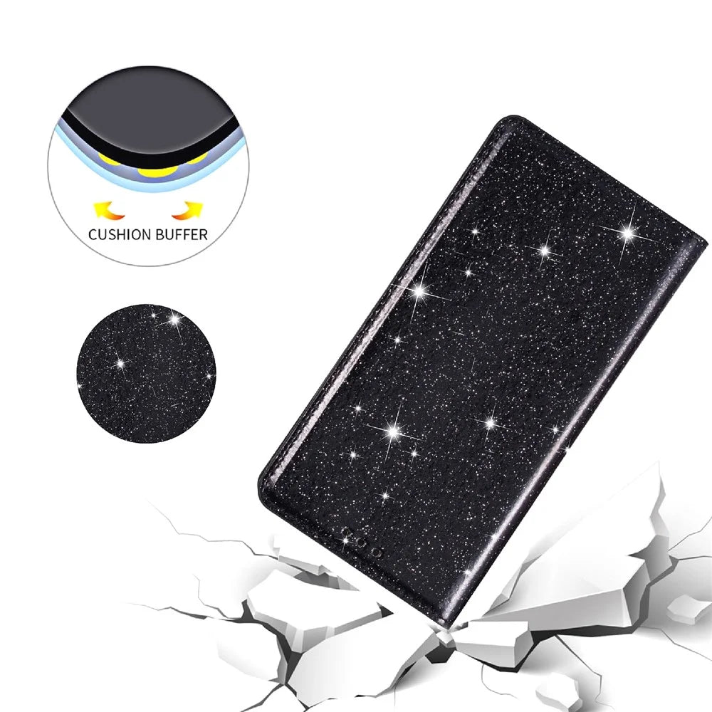 For Samsung Galaxy S24+ Case Card Holder Glittery Leather Stand Cover - Black - 5