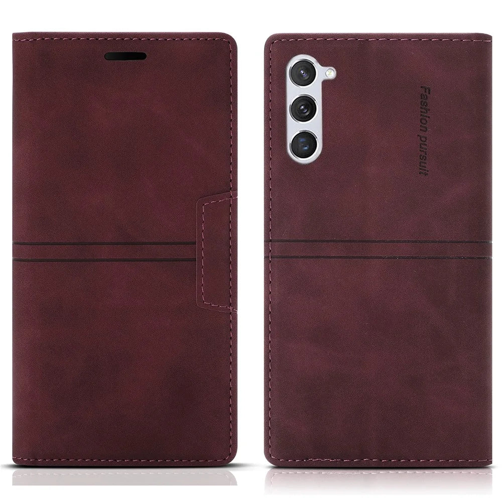 For Samsung Galaxy S24 Leather Case Anti-drop Wallet Phone Cover - Wine Red - 1