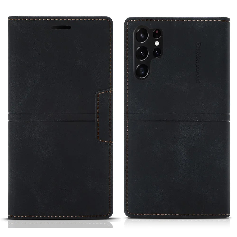 For Samsung Galaxy S24 Ultra Case Auto Closing Magnetic Phone Wallet Cover - Black - 1